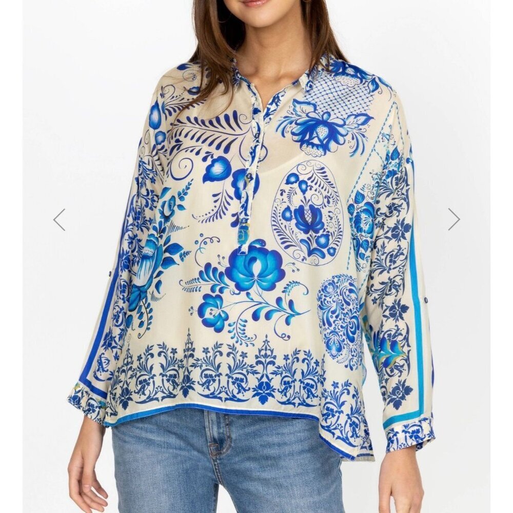 Johnny Was Farrow Seline Silk Blouse Blue Floral Print Size XS
